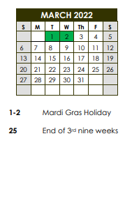 District School Academic Calendar for Port Barre Middle School for March 2022