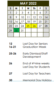 District School Academic Calendar for Port Barre Middle School for May 2022