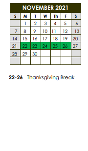 District School Academic Calendar for South Street Elementary School for November 2021