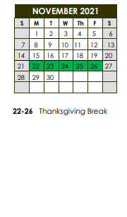 District School Academic Calendar for Eunice Career & Technical Education Center for November 2021