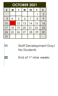 District School Academic Calendar for East Elementary School for October 2021