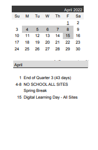 District School Academic Calendar for Area Learning Cntr Community School for April 2022