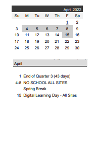 District School Academic Calendar for A. G. A. P. E. Teen Parent for April 2022