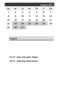 District School Academic Calendar for Battle Creek Learning Center for August 2021