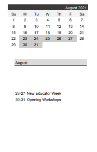 District School Academic Calendar for Franklin Magnet Elementary for August 2021