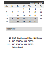 District School Academic Calendar for Eastside Workplace Kindergarten for December 2021