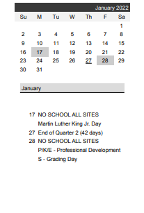 District School Academic Calendar for Groveland Park Elementary for January 2022