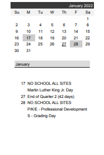 District School Academic Calendar for Eastern Heights Elementary for January 2022