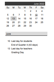 District School Academic Calendar for Battle Creek Middle for June 2022
