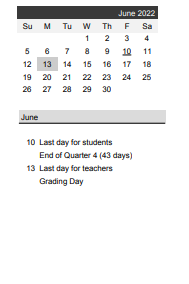 District School Academic Calendar for Calvin Academy for June 2022