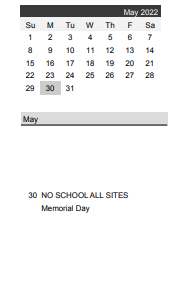 District School Academic Calendar for Eastside Workplace Kindergarten for May 2022