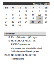District School Academic Calendar for Elem Autistic Prog/battle Creek EL. for November 2021