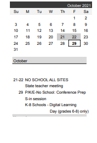 District School Academic Calendar for Early ED. Expo/harriet Bishop for October 2021