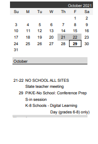 District School Academic Calendar for Home/hospital Instruction for October 2021