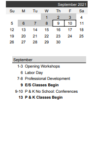 District School Academic Calendar for Early Education-rondo for September 2021