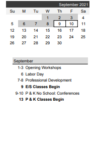 District School Academic Calendar for Eastern Heights Elementary for September 2021