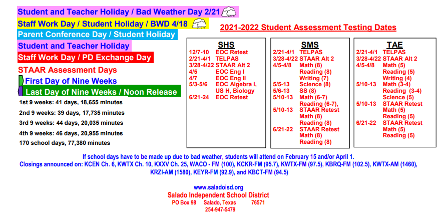 District School Academic Calendar Key for Bell County Alternative