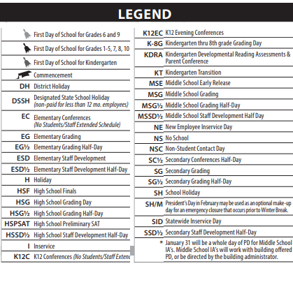 District School Academic Calendar Legend for Yoshikai Elementary School