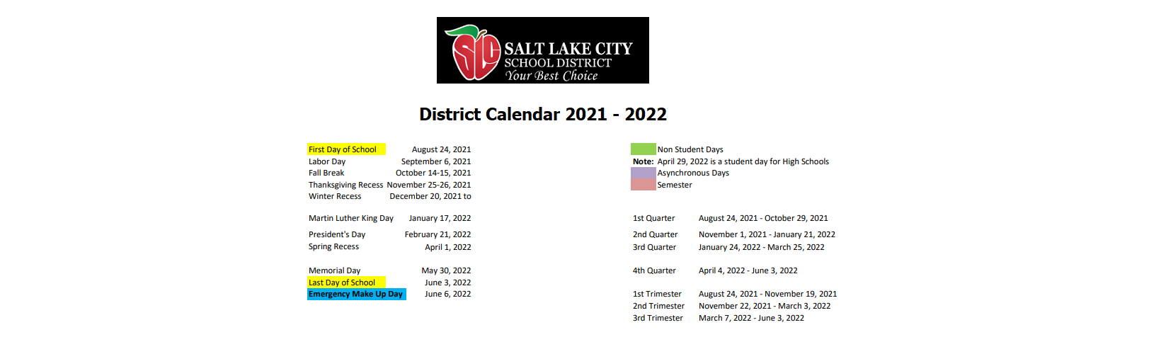 District School Academic Calendar Key for Wasatch School