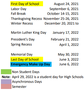District School Academic Calendar Legend for Open Classroom
