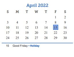 District School Academic Calendar for Crockett Elementary School for April 2022