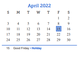 District School Academic Calendar for Central Freshman Campus for April 2022