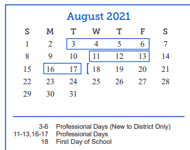 District School Academic Calendar for Goliad Elementary School for August 2021