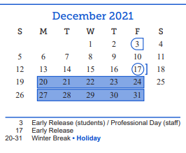 District School Academic Calendar for Holiman Elementary School for December 2021