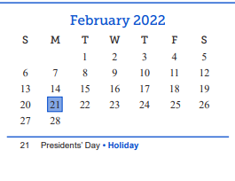 District School Academic Calendar for Day Head Start for February 2022