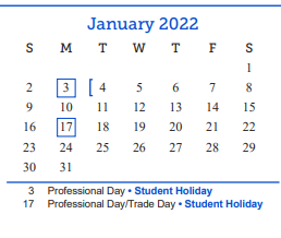 District School Academic Calendar for Glenmore Elementary School for January 2022