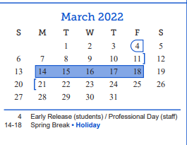District School Academic Calendar for Bradford Elementary School for March 2022