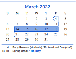 District School Academic Calendar for Central High School for March 2022