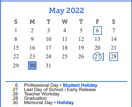 District School Academic Calendar for Reagan Elementary  for May 2022