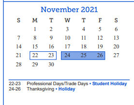 District School Academic Calendar for Rio Vista Head Start for November 2021