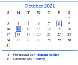 District School Academic Calendar for Lake View High School for October 2021