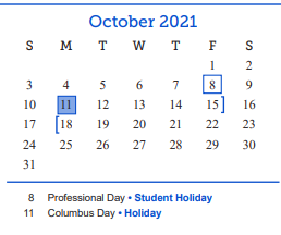 District School Academic Calendar for Bradford Elementary School for October 2021