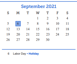 District School Academic Calendar for Day Head Start for September 2021