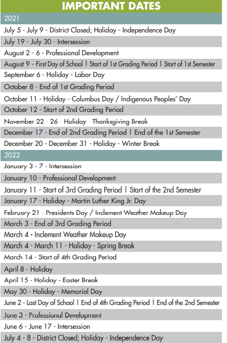 District School Academic Calendar Key for Cooper Middle