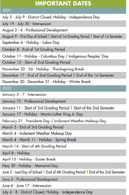 District School Academic Calendar Key for Page Middle