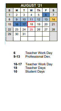 District School Academic Calendar for San Augustine Intermediate for August 2021