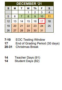 District School Academic Calendar for Accelerated Lrn Ctr for December 2021