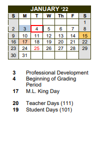 District School Academic Calendar for San Augustine Intermediate for January 2022