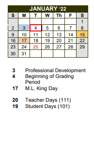 District School Academic Calendar for Accelerated Lrn Ctr for January 2022