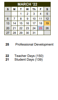 District School Academic Calendar for San Augustine Intermediate for March 2022