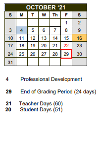 District School Academic Calendar for San Augustine Intermediate for October 2021
