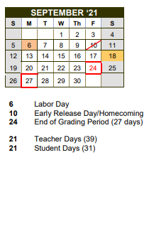 District School Academic Calendar for San Augustine Intermediate for September 2021
