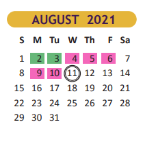 District School Academic Calendar for Fred Booth for August 2021