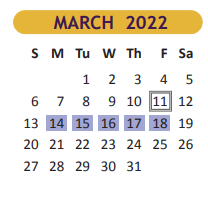 District School Academic Calendar for Hester Juvenile Detent for March 2022