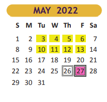 District School Academic Calendar for Hester Juvenile Detent for May 2022