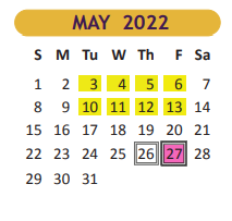 District School Academic Calendar for Positive Redirection Ctr for May 2022